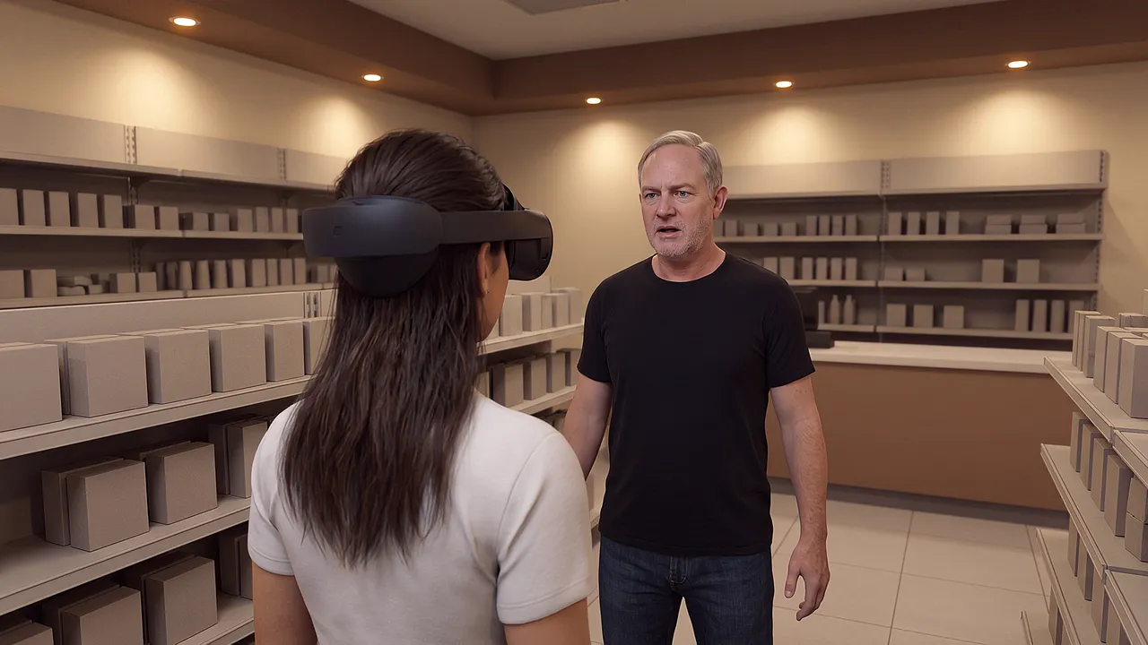 A young retail worker wearing the headset stands in the aisle of a simulated shop floor as a man in his fifties stands close, complaining, arms loose rather than raised.