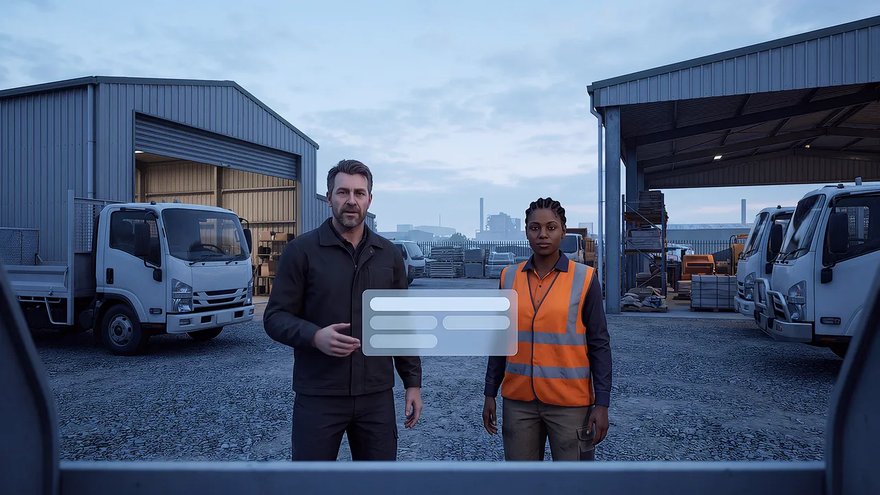 Government and defence. A council depot at dawn, seen from inside the simulation: two workers stand among depot trucks and sheds, a prompt panel floating between them.