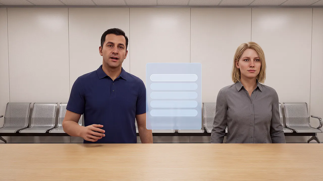 A first person view at a public service counter, two simulated visitors waiting with an option panel between them.