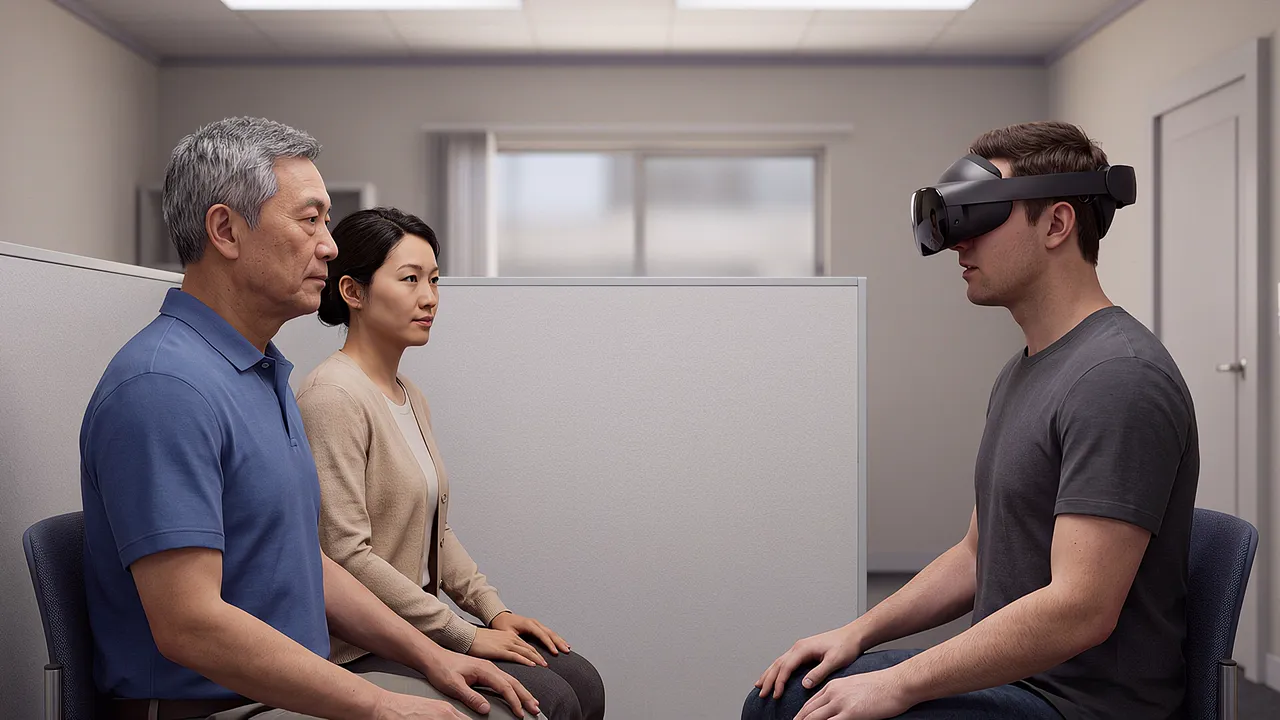 A simulated government office interview booth, a low partition, three chairs. A man sits with an interpreter beside him as a caseworker in the headset sits opposite, listening.