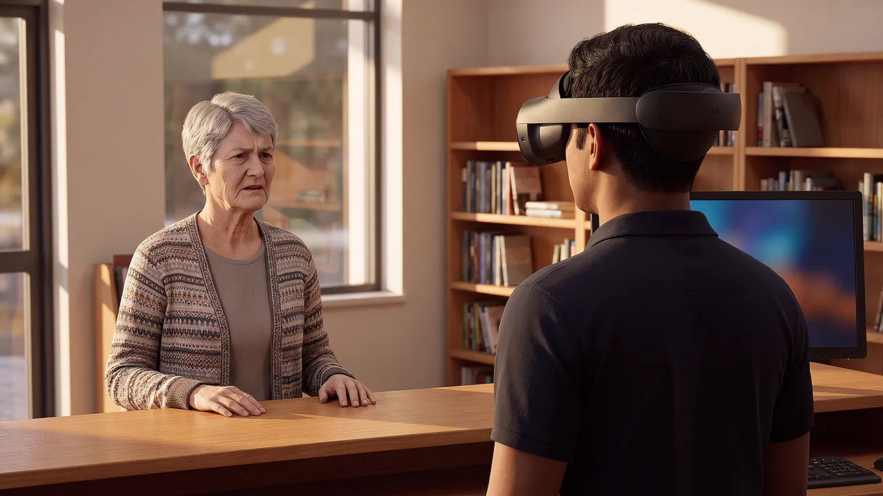 A simulated public library service desk. A library officer wearing the headset stands behind the desk as a visitor approaches.