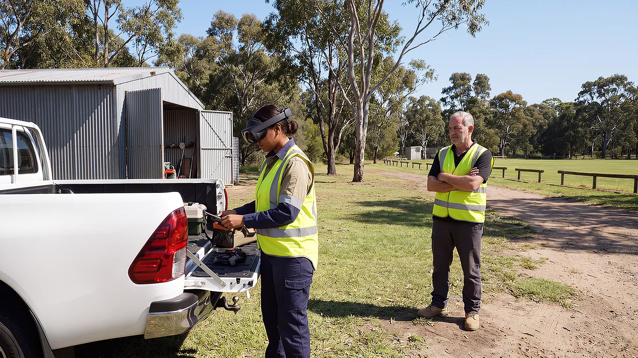 A simulated parks depot, a ute with the tailgate down, gum trees around. A parks officer in the headset stands at the tailgate as an older crew member waits nearby.