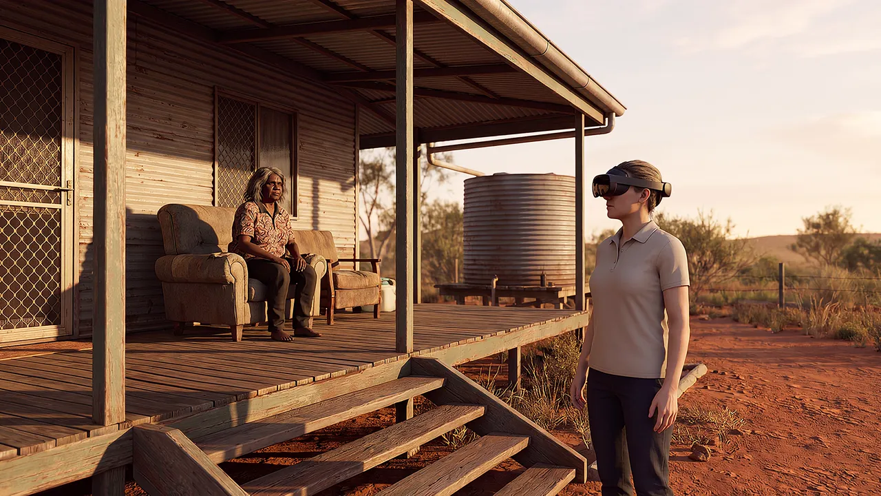 A services officer in a headset waits at the foot of a verandah in a remote community.