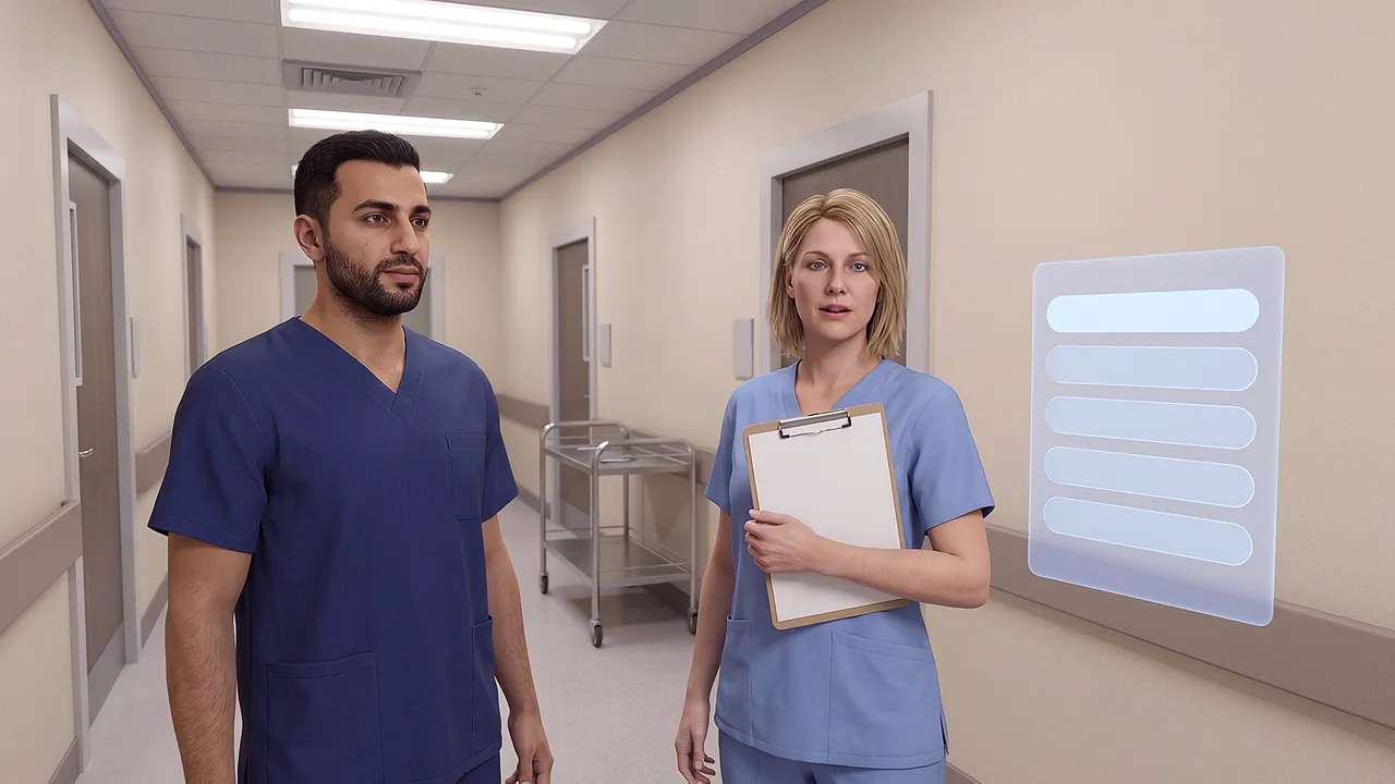 A simulated hospital corridor seen through the headset, nurses ahead and a floating panel of replies at the right.