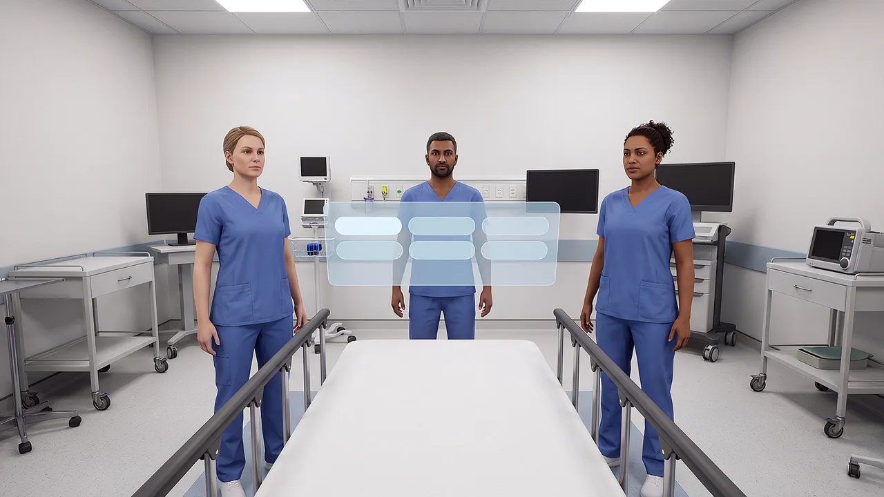 Three clinicians in scrubs stand around an empty resuscitation trolley, monitors and equipment trolleys on either side of the bay.