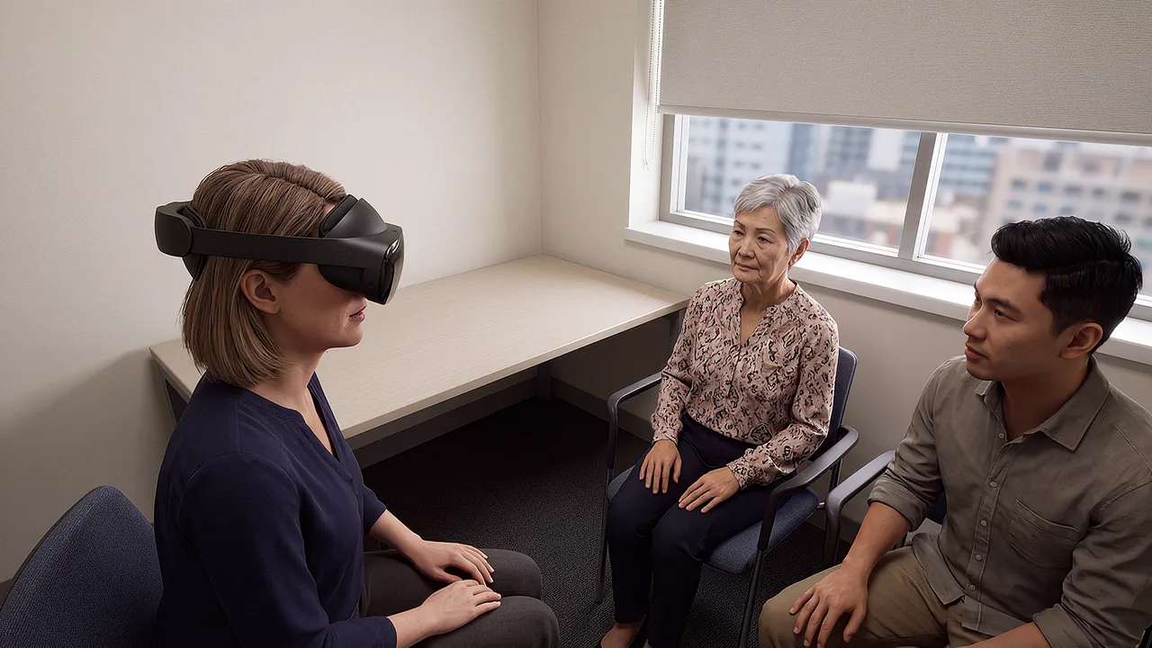 A simulated GP consulting room. A woman in her sixties sits with an interpreter beside her, a doctor in the headset speaking to the patient, not the interpreter.