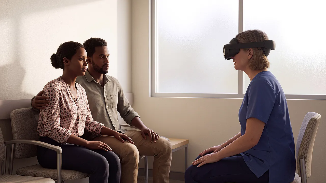 A simulated hospital family room, soft light through a frosted window. A couple sit together; a midwife in the headset sits opposite, the family conversation practised before it is needed.
