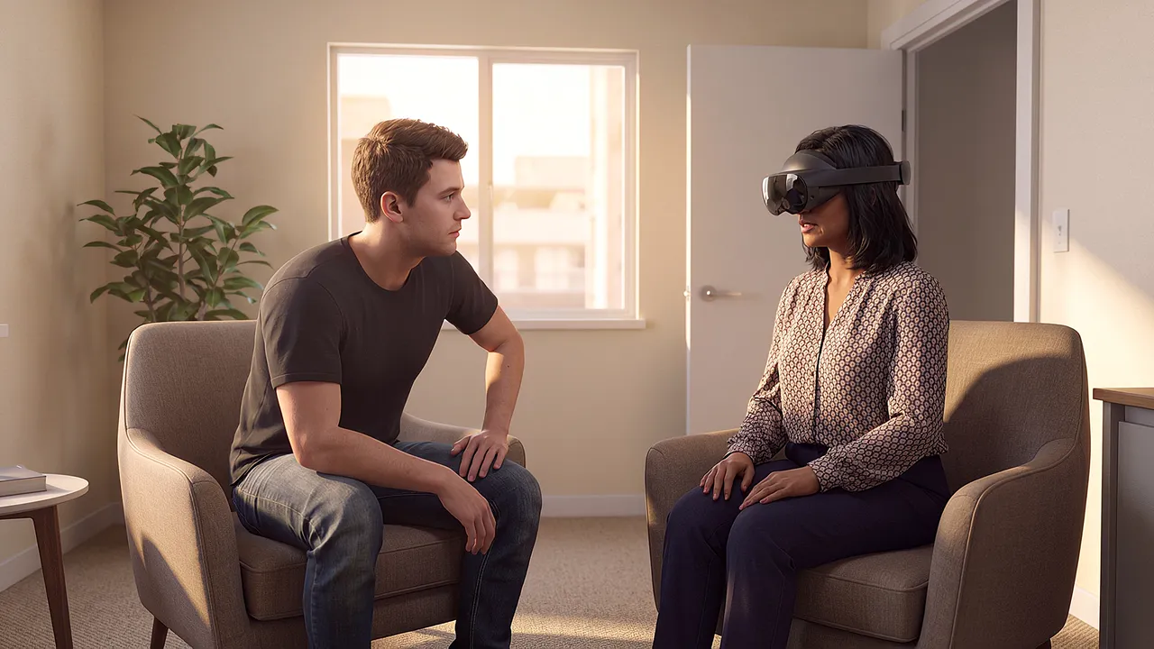 A simulated community mental health room. A man in his mid-twenties sits forward, elbows on his knees; a clinician in the headset sits back, giving him room, holding the silence.