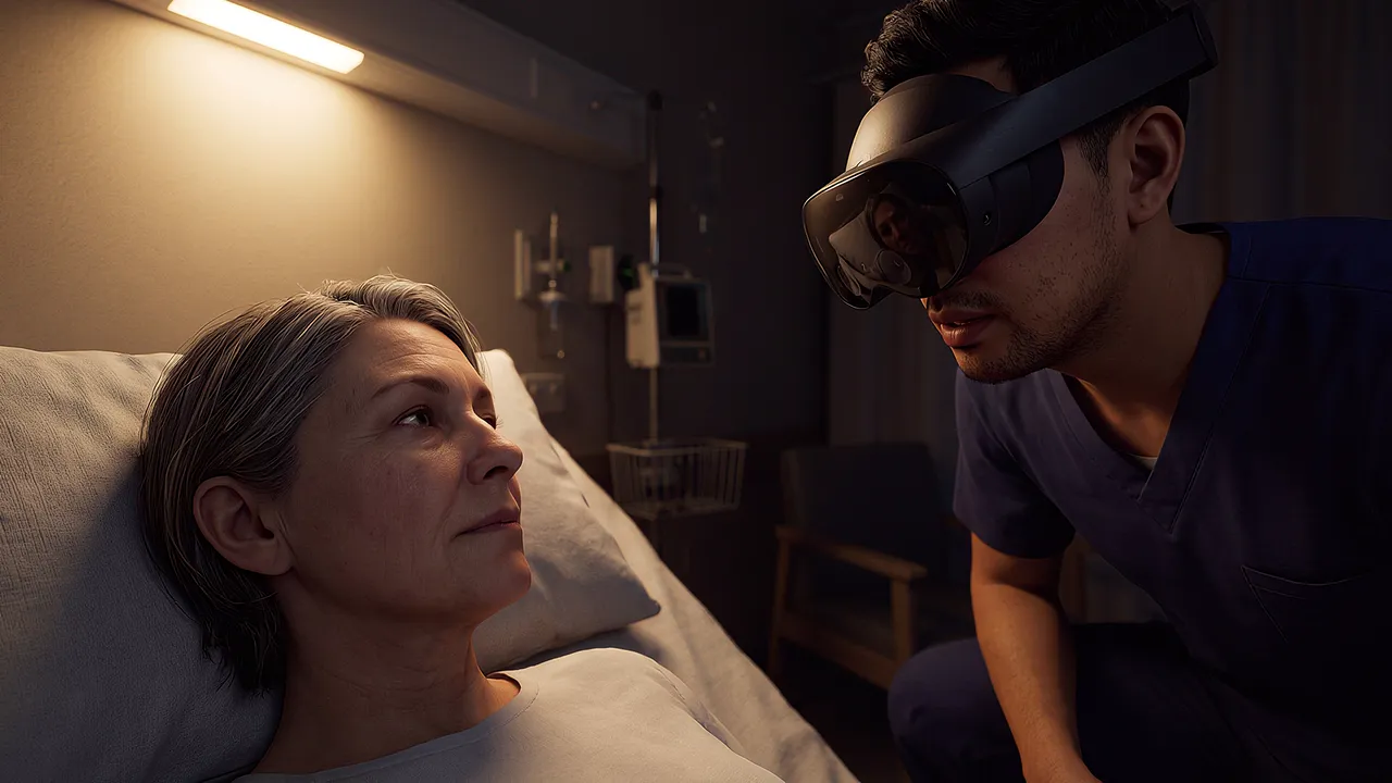 A simulated ward bay with a low light over the bed. A woman lies awake as a nurse wearing the headset crouches to her level.