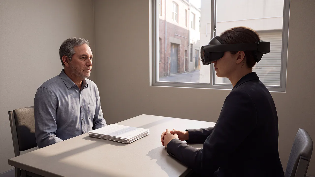 A man sits with a bundle of unmarked papers at a community legal centre; a young lawyer wearing the headset sits opposite, hands folded, rehearsing this legal interview.
