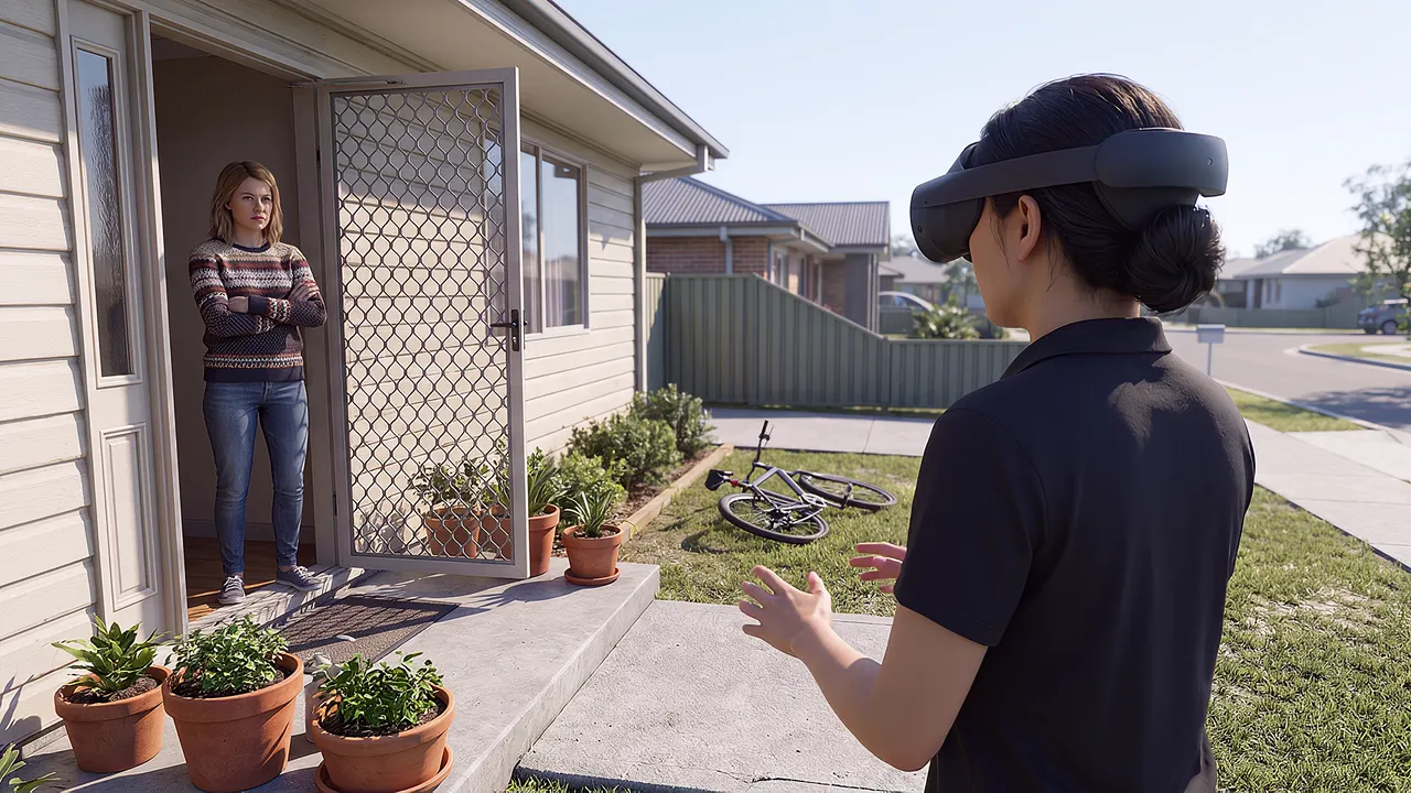 A woman in her thirties stands wary but not hostile behind a security door; a family services worker in the headset stands back on the step, rehearsing a doorstep conversation.