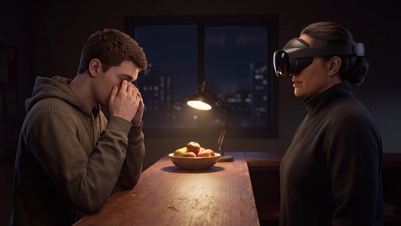 A young man stands with hands covering his eyes at an after-hours crisis service desk; a night worker wearing the headset stands opposite, rehearsing a crisis conversation.