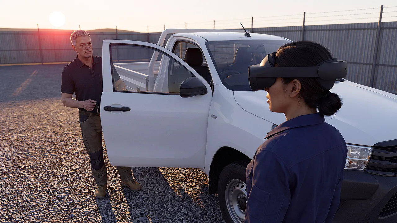 A man stands at the open driver's door of a white ute, keys in hand; a supervisor wearing the headset stands at the front corner, rehearsing a fatigue check conversation.