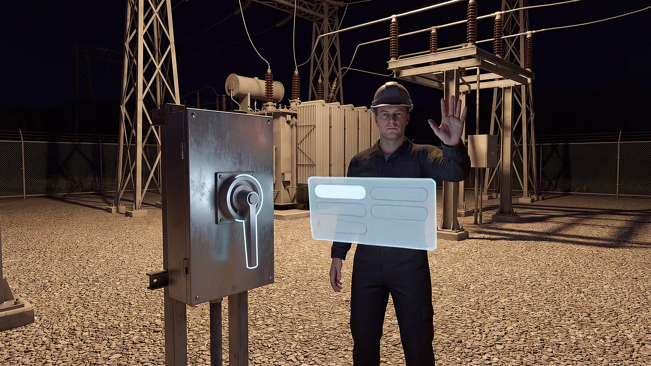 Inside the simulation: an electrician stands beside an isolator, one hand raised in a clear stop gesture, a blue outline on the switch.