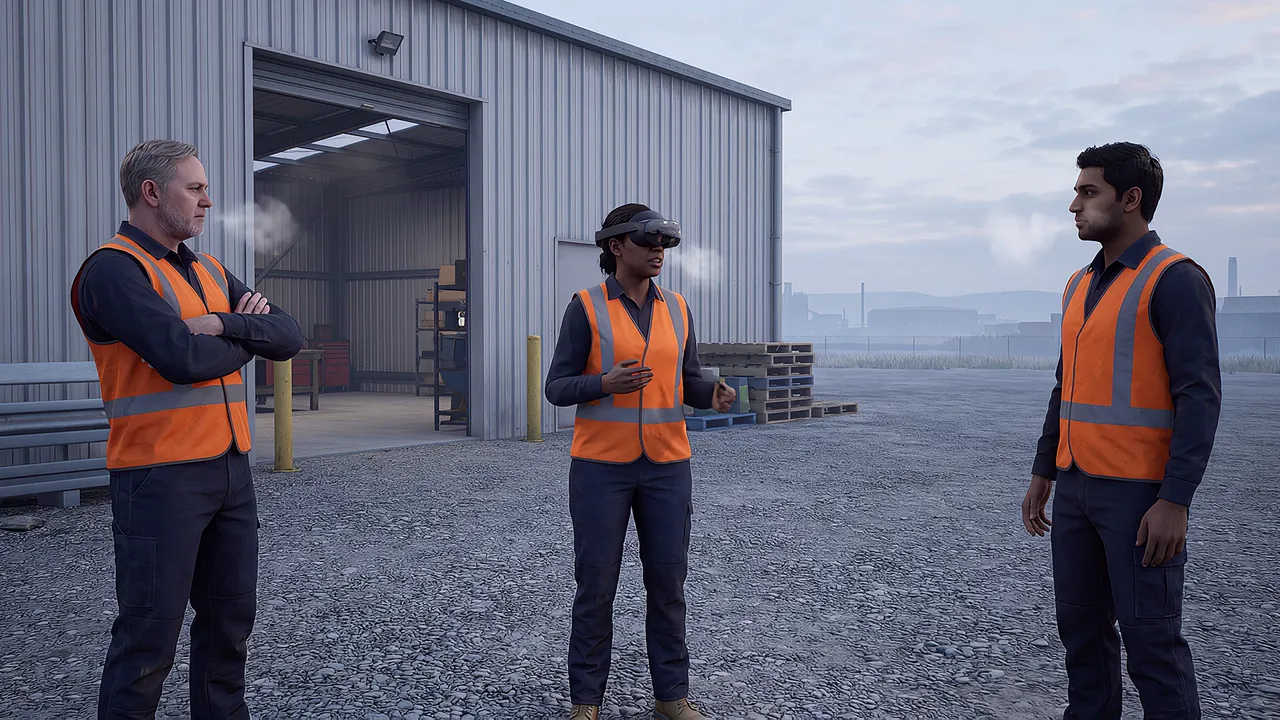 A woman in her thirties runs a pre-start toolbox talk wearing the headset in cold dawn light, crew in hi-vis standing by.