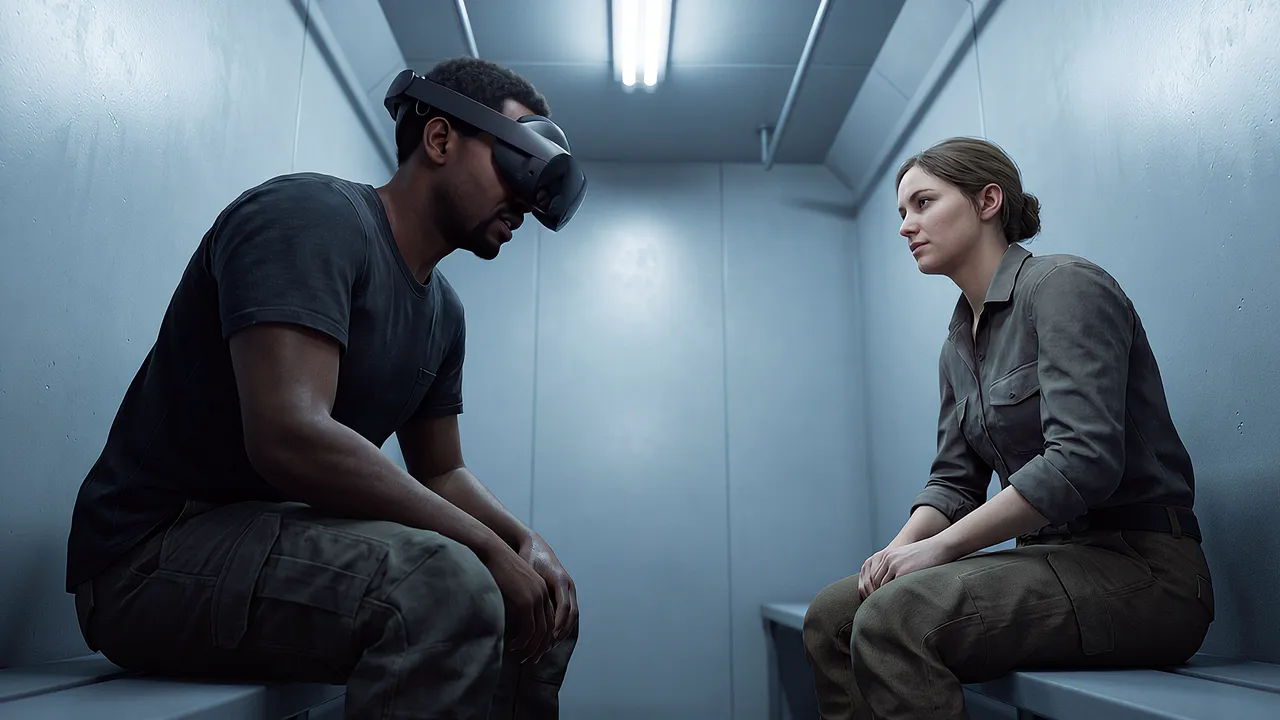 A miner wearing the headset sits on a bench catching his breath in an underground refuge chamber, a colleague opposite, both calm, an ordinary drill rather than an emergency.