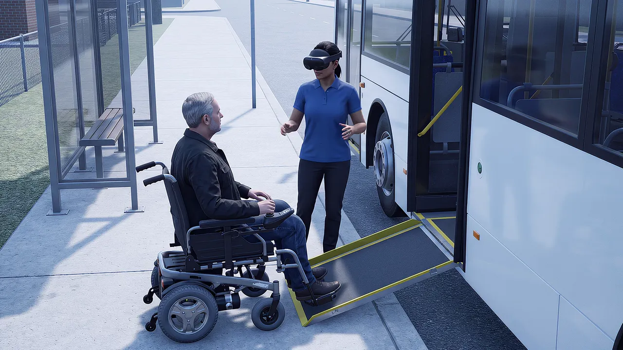 A bus driver wearing a headset stands at the deployed wheelchair ramp of a bus while a man in a wheelchair waits at the kerb, a VR transport scenario.