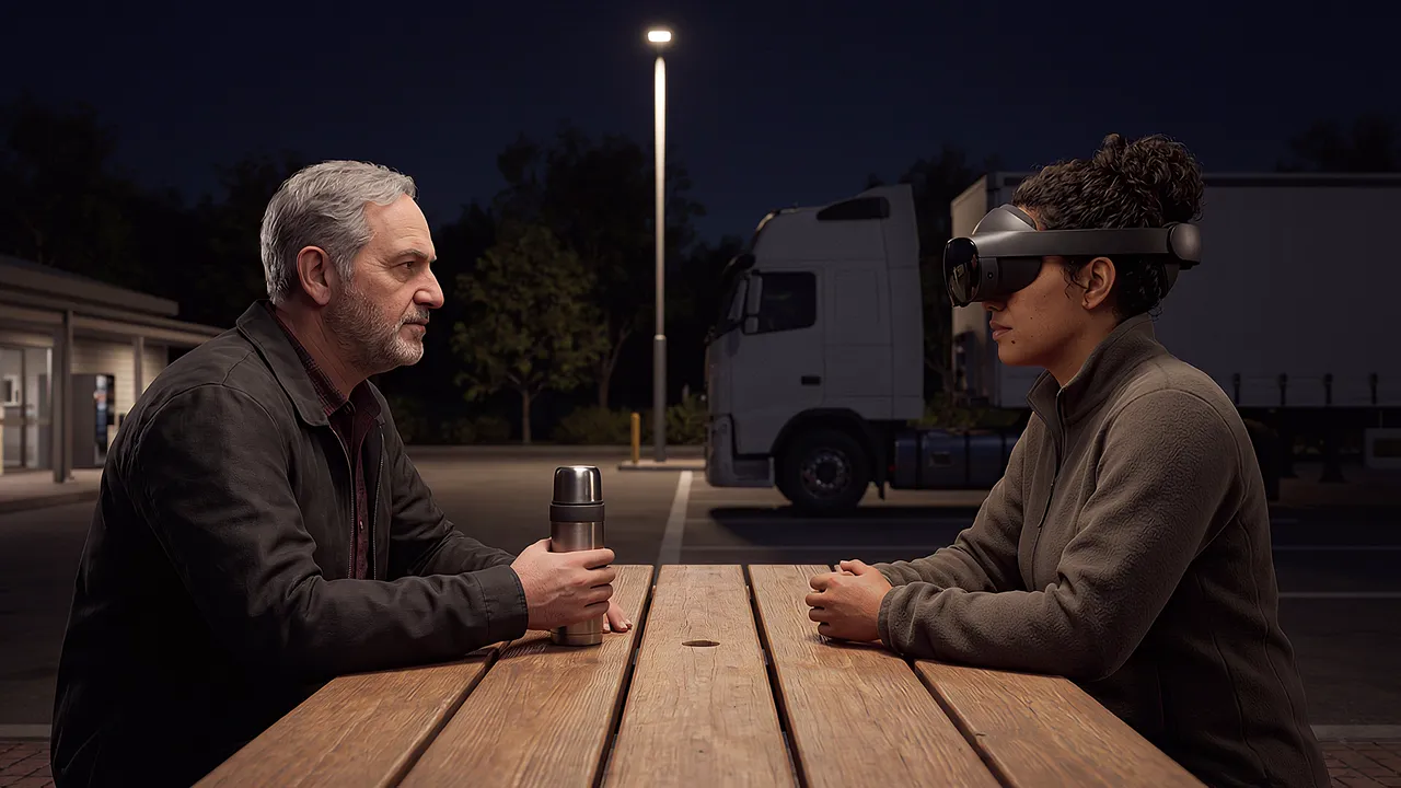 A simulated truck rest area at night, one tall light, a plain unmarked prime mover in the dark behind, a picnic table. A driver in his sixties sits at the table with a thermos; a scheduler in the headset sits on the bench opposite.