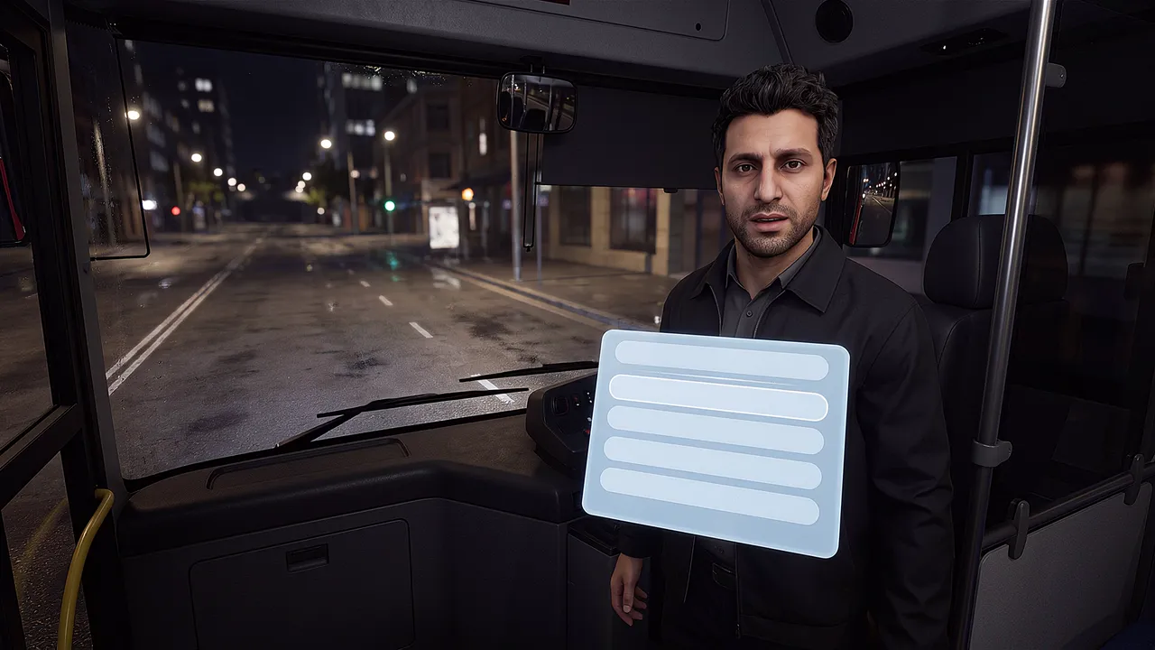 Inside the simulation: the cab of a bus at night seen from the driver's seat, plain dark dashboard with only soft abstract colour, a windscreen onto a wet empty street under streetlights. A passenger stands in the aisle beside the driver's position facing the viewer, asking something.