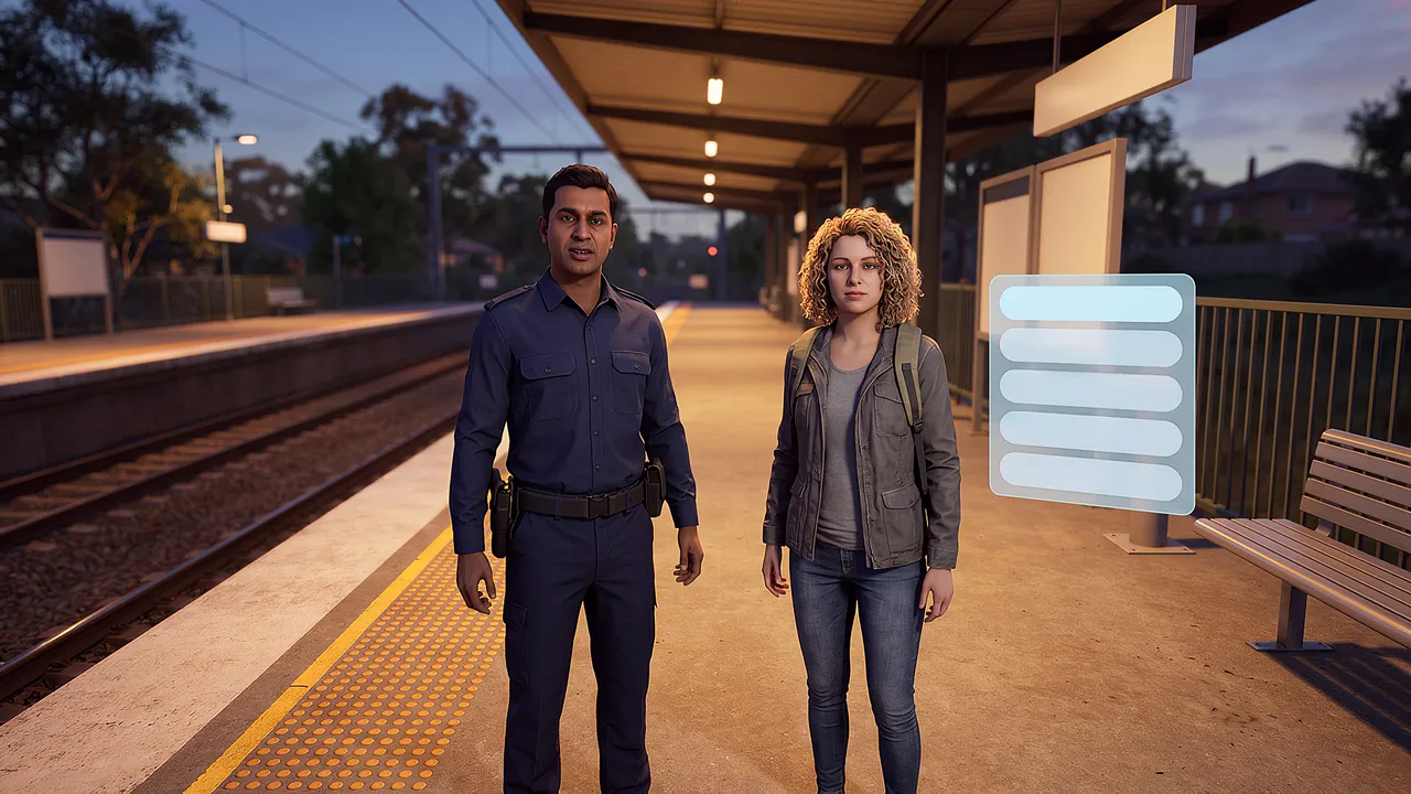 Inside the simulation: a suburban railway platform in the early evening, plain unmarked signage boards, a bench, a yellow line along the edge, empty track. Two people stand facing the viewer, one a station officer mid-sentence, one a passenger with a backpack. A soft translucent pale-blue panel of rounded blank choice buttons floats at chest height to one side.