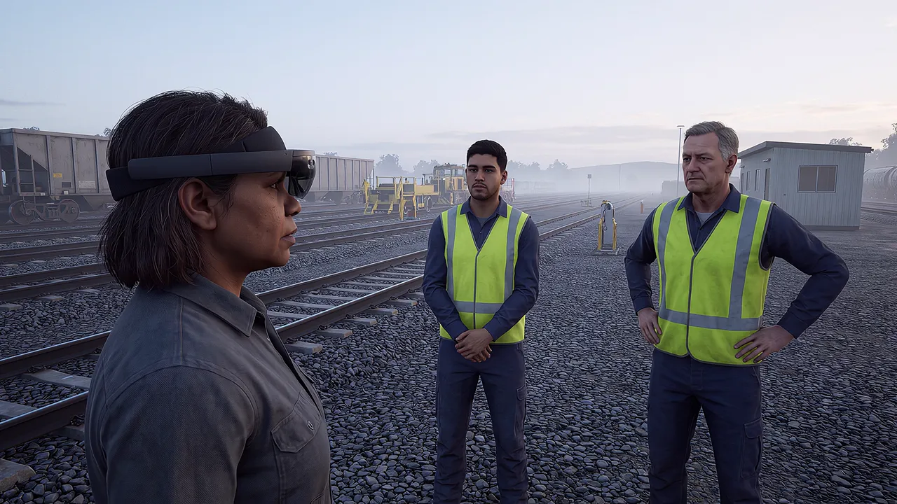 A simulated rail maintenance yard at dawn, gravel ballast, rolling stock and mist. A woman wearing the headset speaks to a younger and an older crew member.