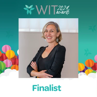 The Women in Technology 2024 Awards finalist card for Leonie Sanderson: her portrait above the word Finalist.