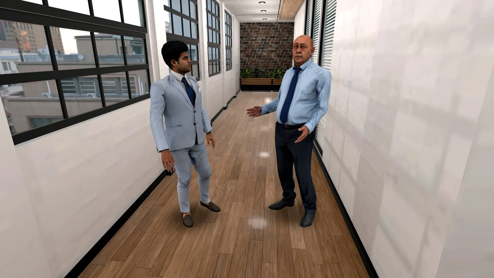 In Plain Sight: two colleagues talk in an office corridor.