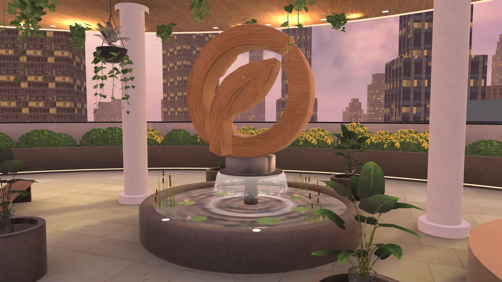 The courtyard where every session in the PTR Immersive Training Library begins, with the PTR leaf sculpture above a fountain pond.