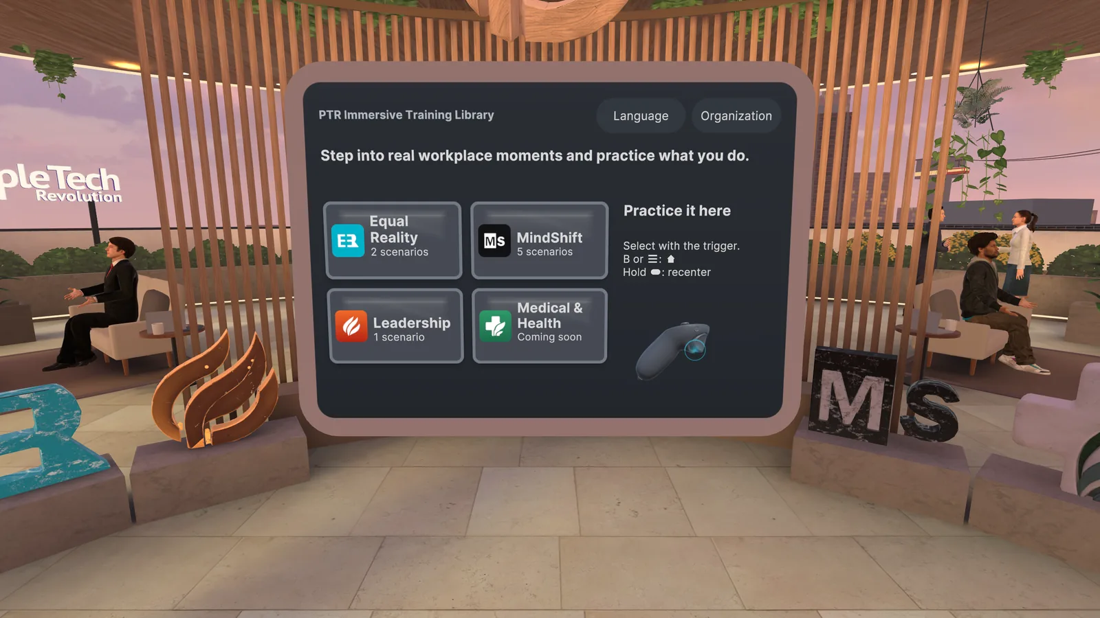 The PTR Immersive Training Library menu in a garden courtyard, listing its collections.