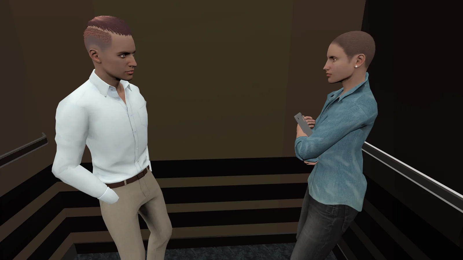 Lift VR, Heated Discussion: a man and a woman face each other inside a lift.