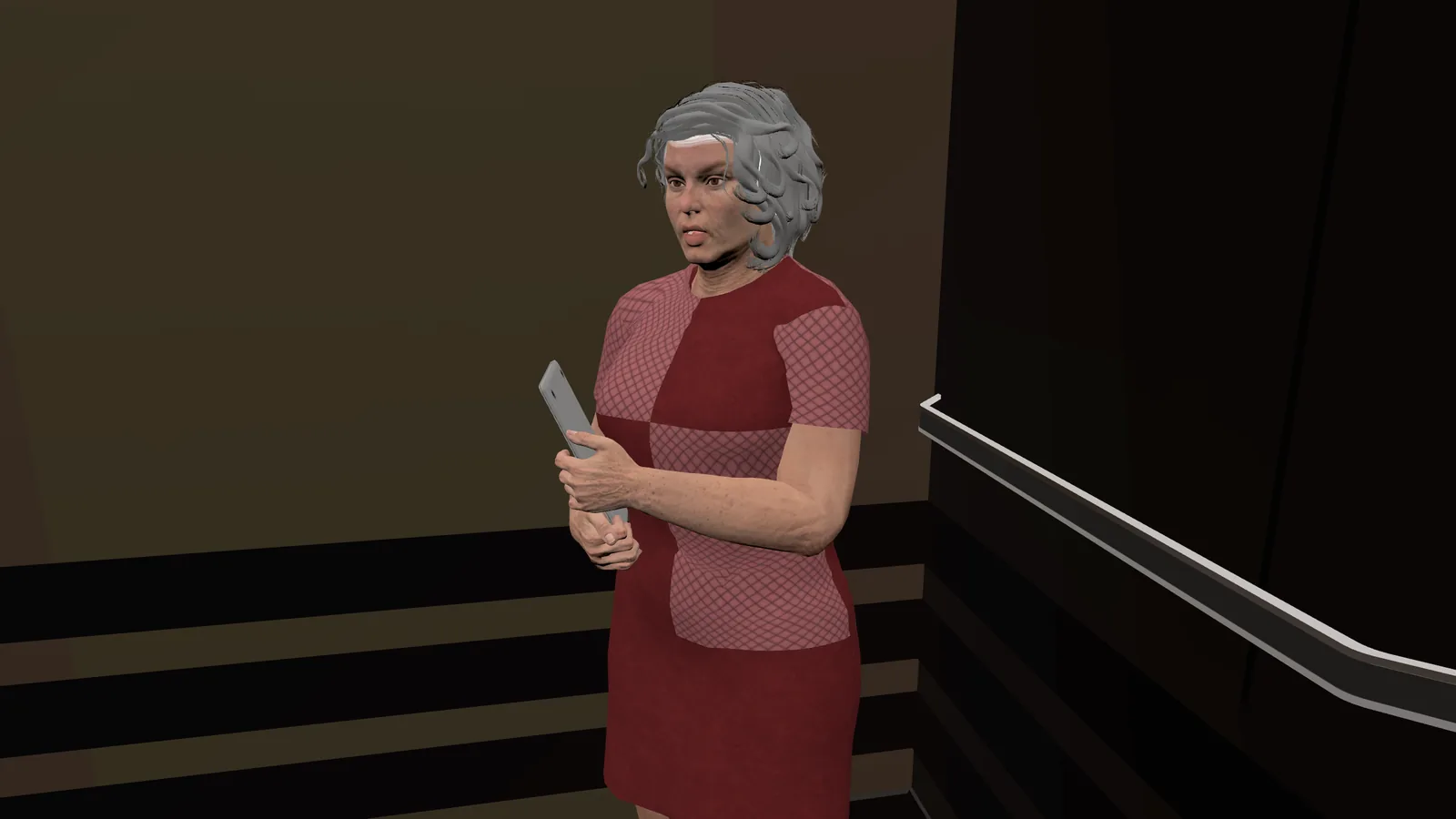 Lift VR, Sensitive Disclosure: an older woman holding a phone speaks inside a lift.