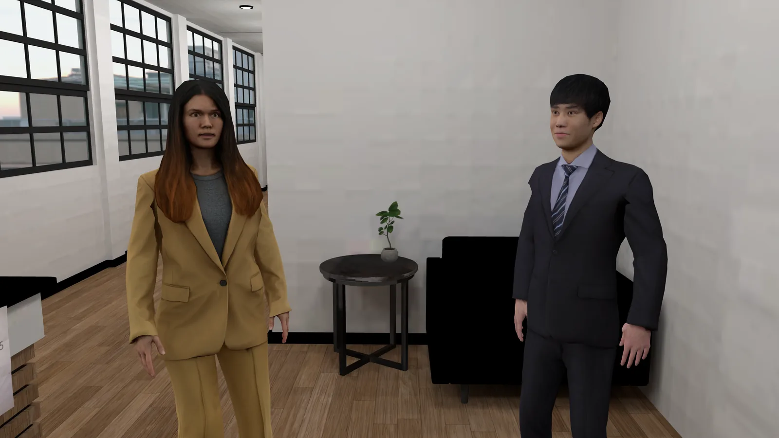 Making Assumptions: two colleagues in suits stand talking in an office lounge.