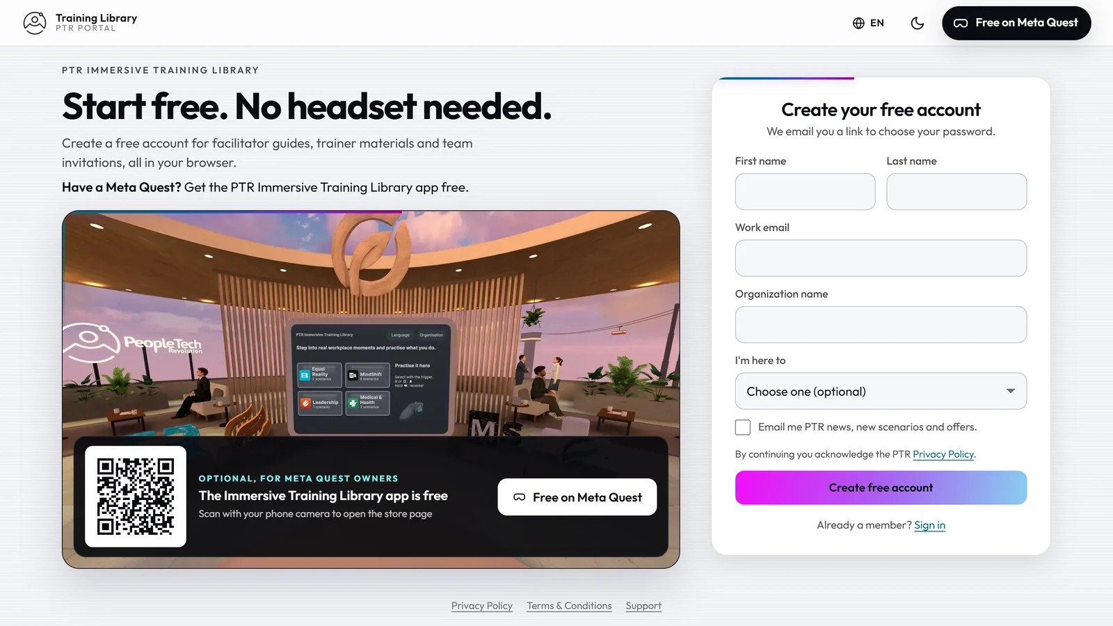 The PTR Portal sign-up page: a Create your free account form with name, work email and organisation fields, beside the free Meta Quest app and its store QR code.
