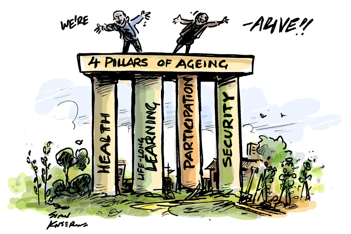 Cartoon titled 4 Pillars of Ageing: older people cheer 'We're alive!!' above four pillars labelled Health, Life-long Learning, Participation and Security.