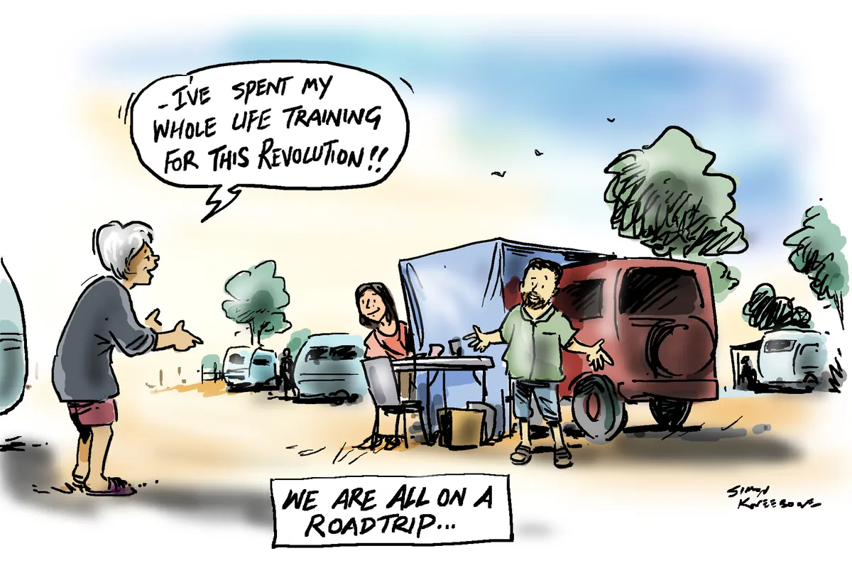 Cartoon at a roadside camp: an older woman tells a bearded man and a woman at a table 'I've spent my whole life training for this revolution!!', captioned 'We are all on a roadtrip...'